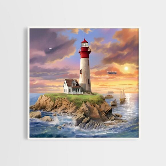 8x8 Lighthouse Majestic Sunset‎ Landscape Scene Watercolor Oil Painting - Picture 3 of 5